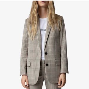 Vintage Le Suit Plaid brown Ivory Long Line‎ Women's Jacket Coat Lined Sz 10